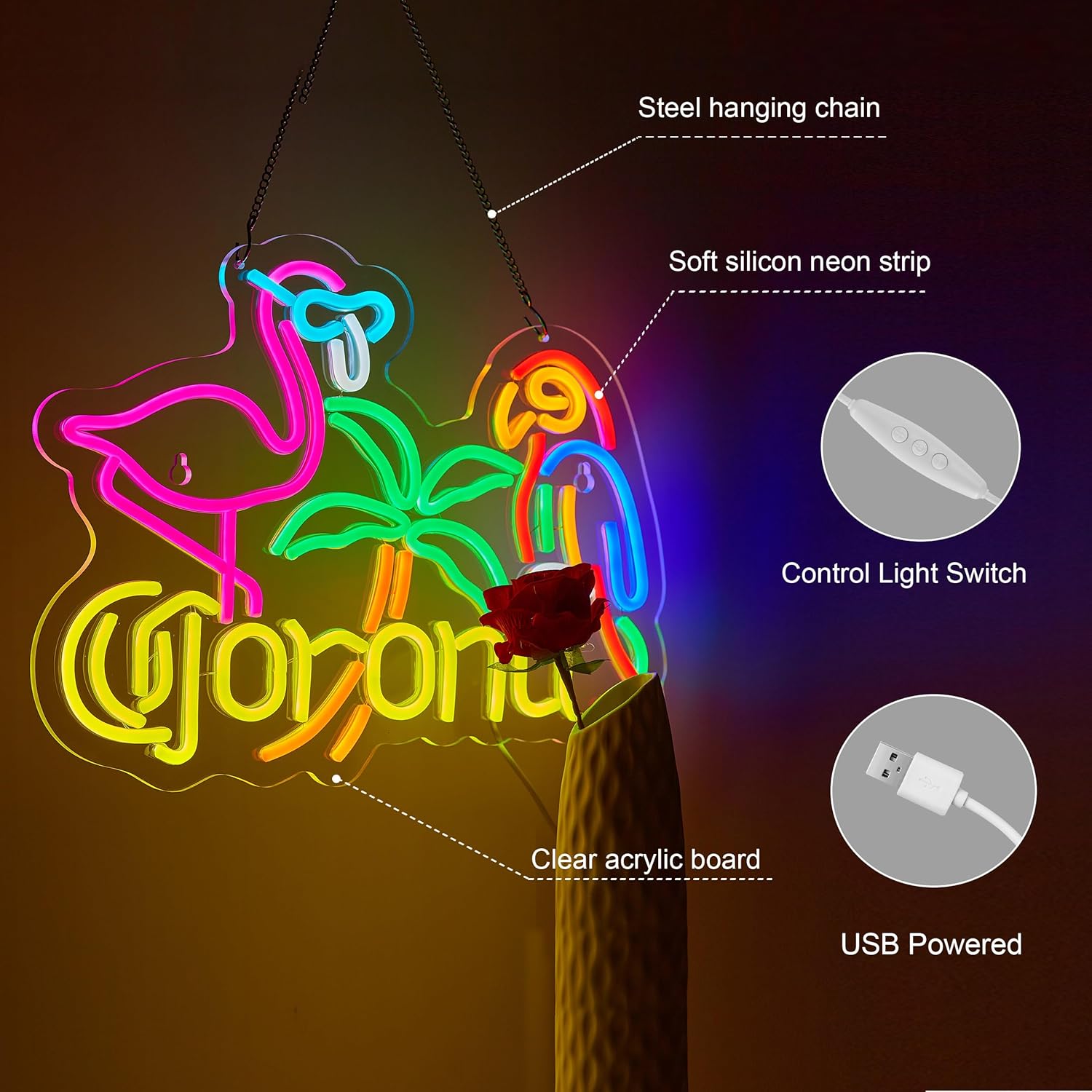 Corona Flamingo & Parrot Neon Sign – Dimmable Beer Bar Wall Light Decor