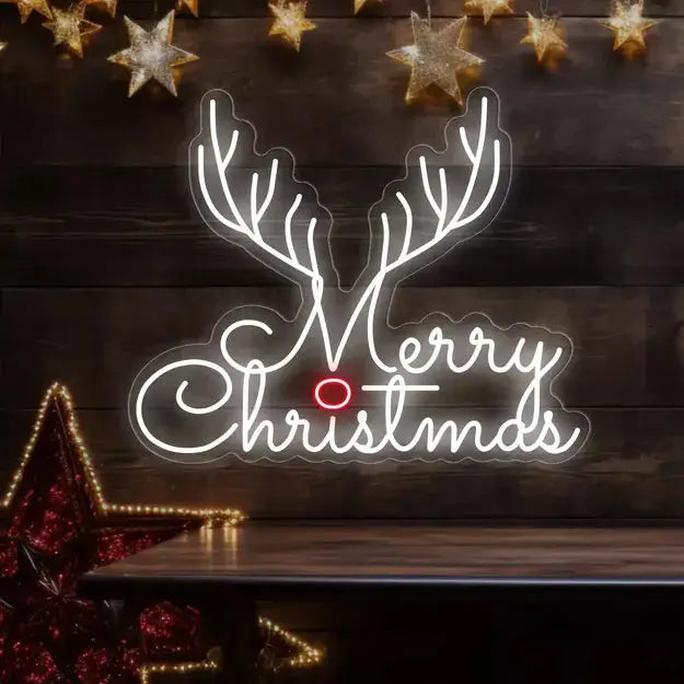 Cute Merry Christmas Neon Sign with Reindeer Horns