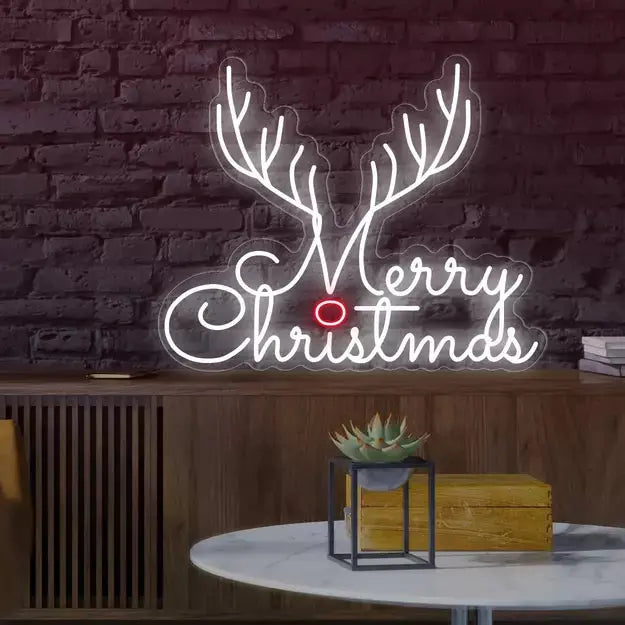 Cute Merry Christmas Neon Sign with Reindeer Horns