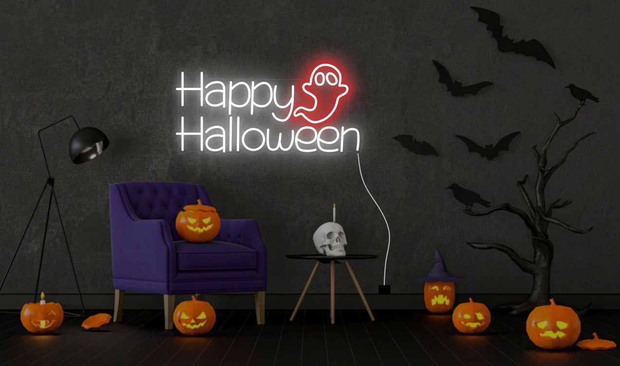 Happy Halloween Ghost Neon Sign – Spooky LED Wall Light