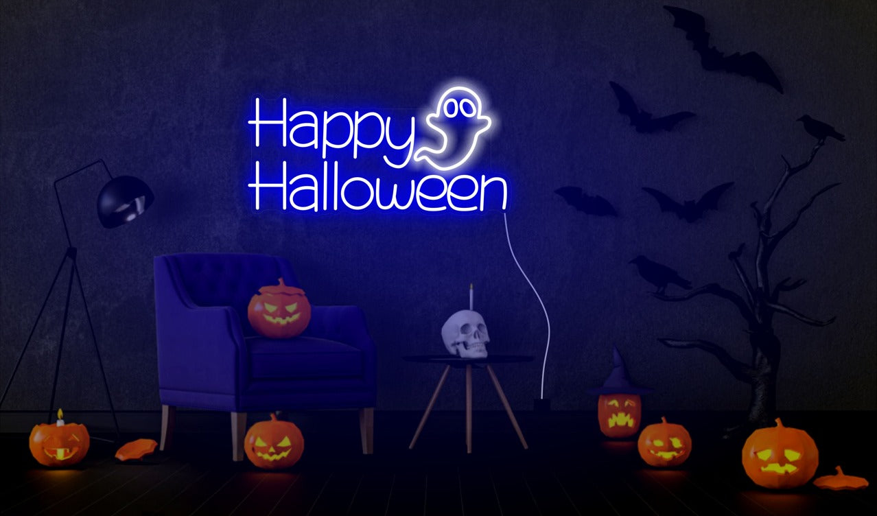 Happy Halloween Ghost Neon Sign – Spooky LED Wall Light