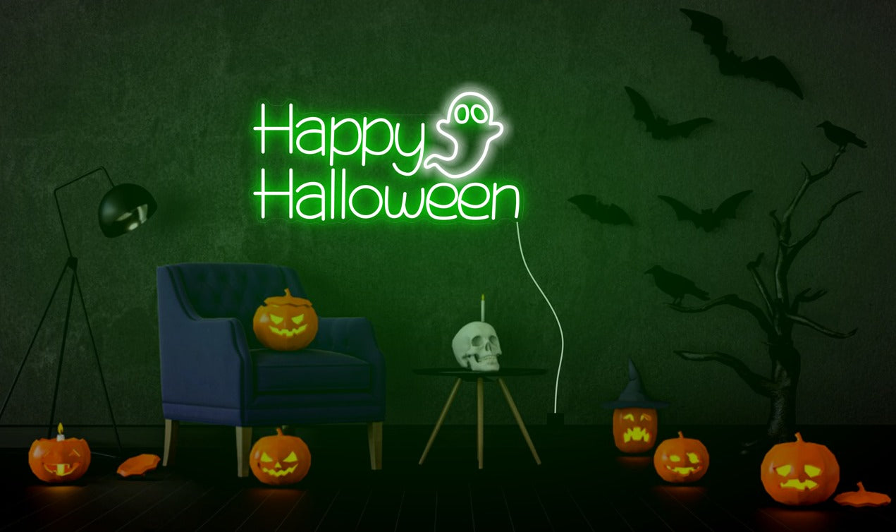 Happy Halloween Ghost Neon Sign – Spooky LED Wall Light