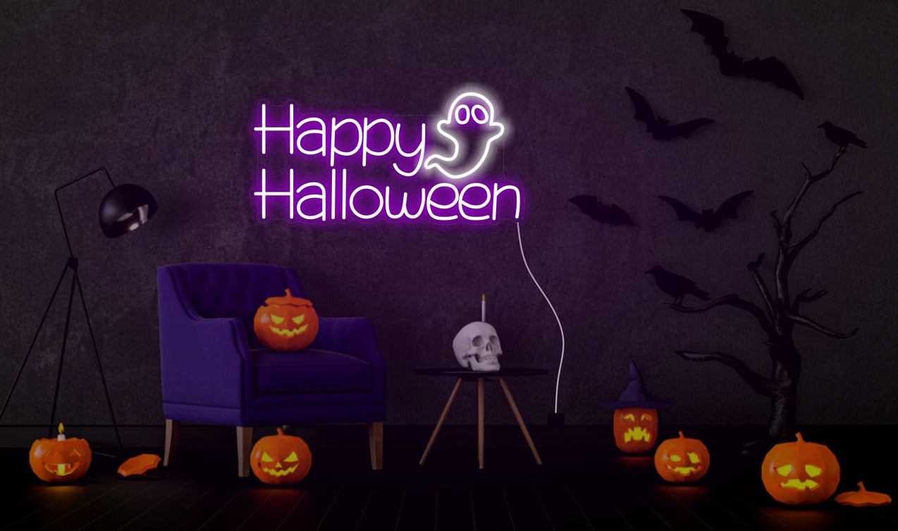 Happy Halloween Ghost Neon Sign – Spooky LED Wall Light