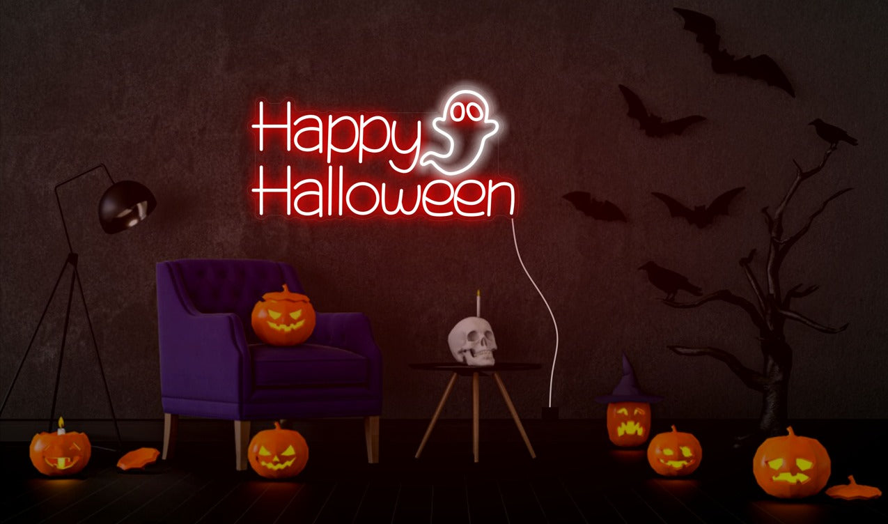 Happy Halloween Ghost Neon Sign – Spooky LED Wall Light