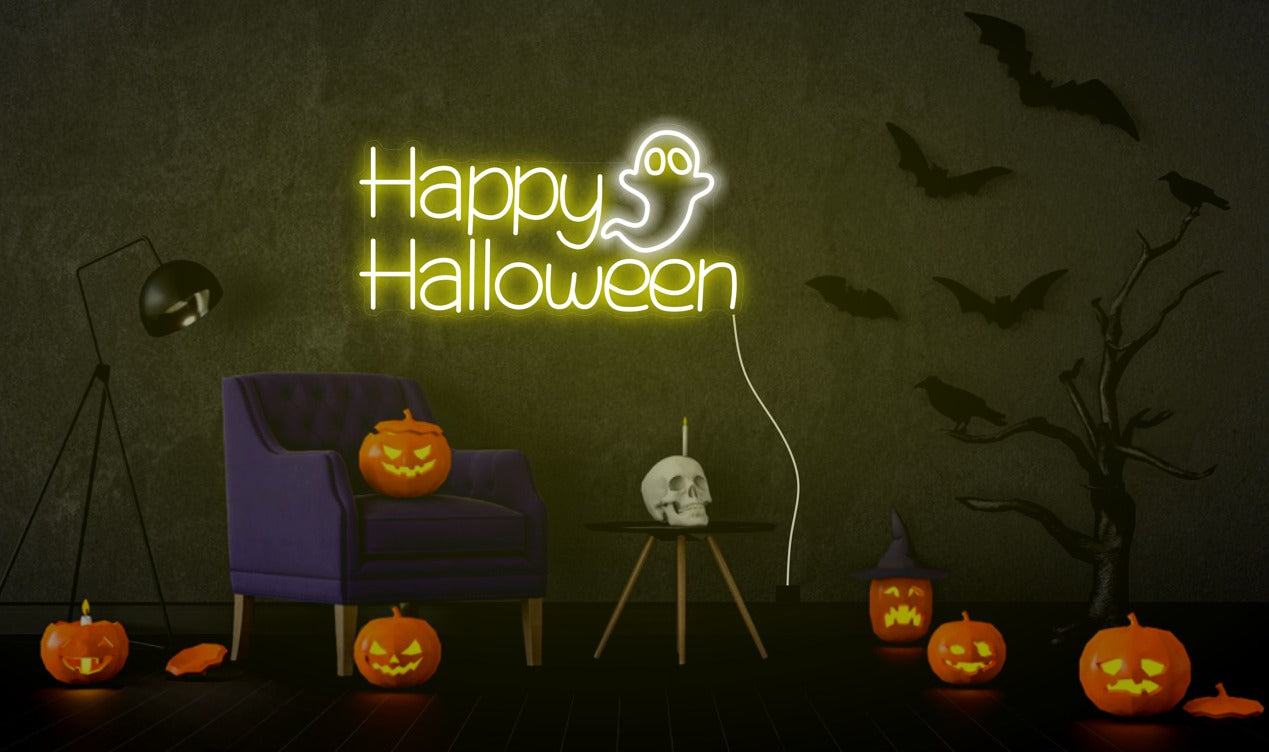 Happy Halloween Ghost Neon Sign – Spooky LED Wall Light
