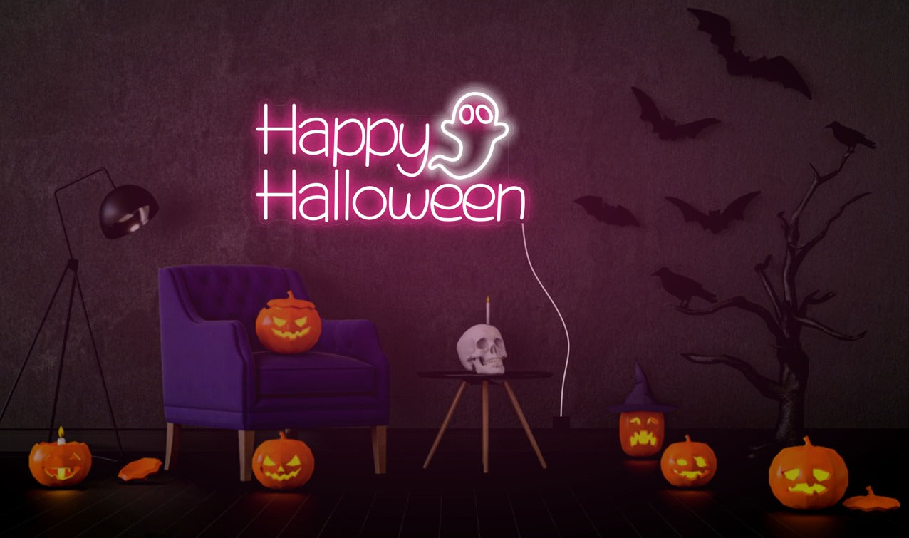 Happy Halloween Ghost Neon Sign – Spooky LED Wall Light