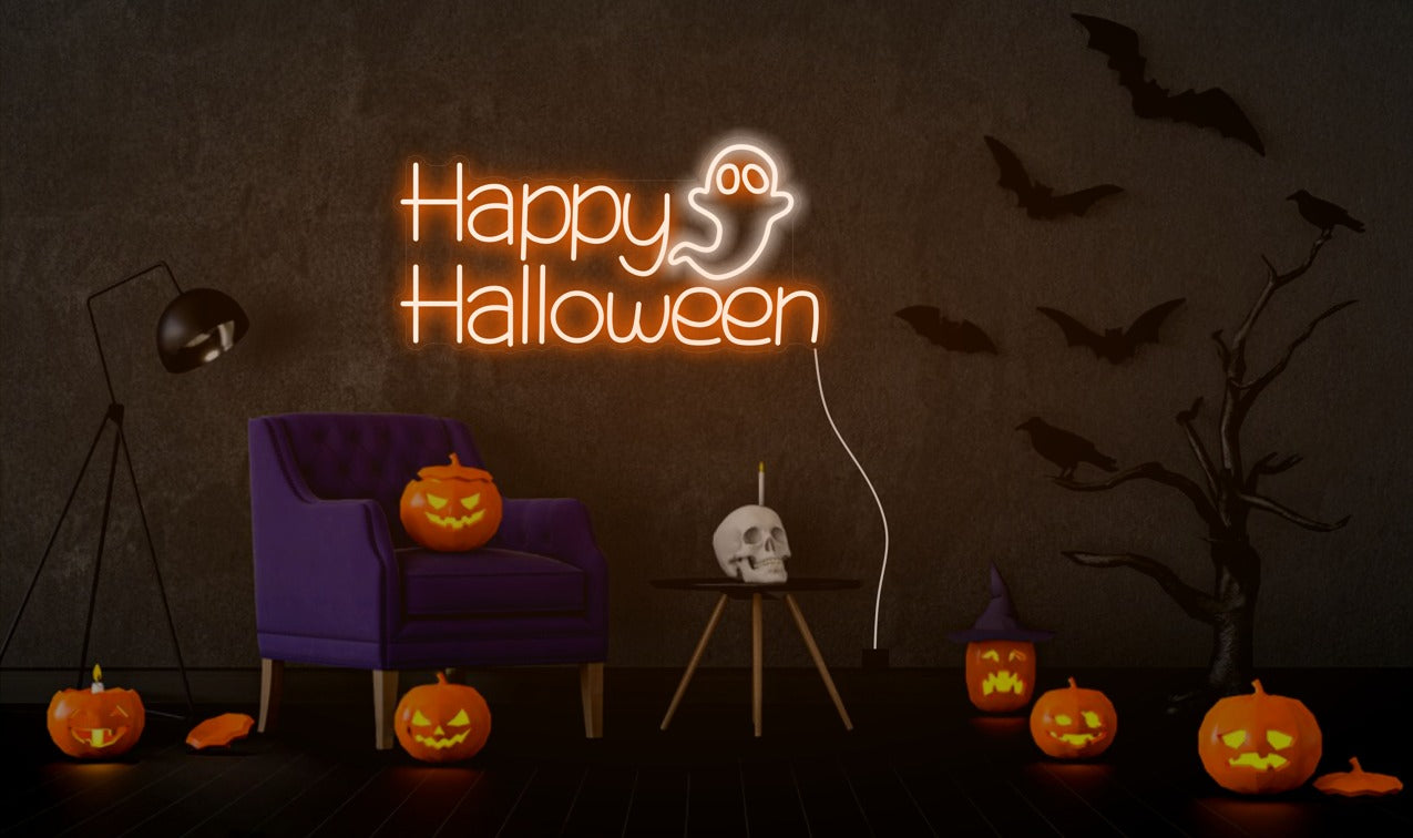 Happy Halloween Ghost Neon Sign – Spooky LED Wall Light