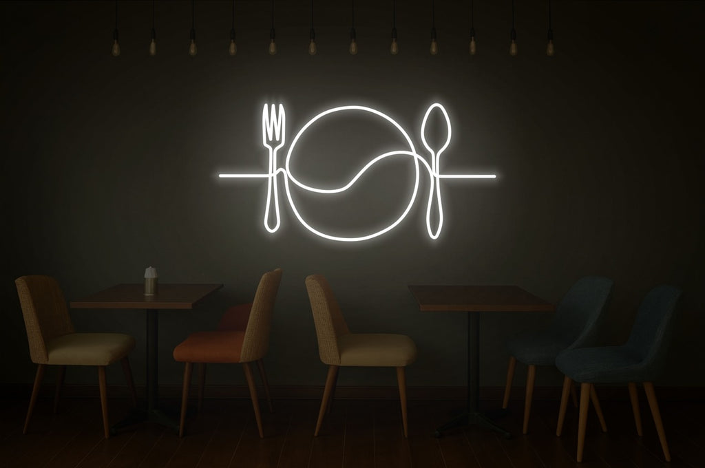 Fork Plate Spoon Neon Sign – One Line Art LED Wall Light for Kitchen, Dining & Café Décor