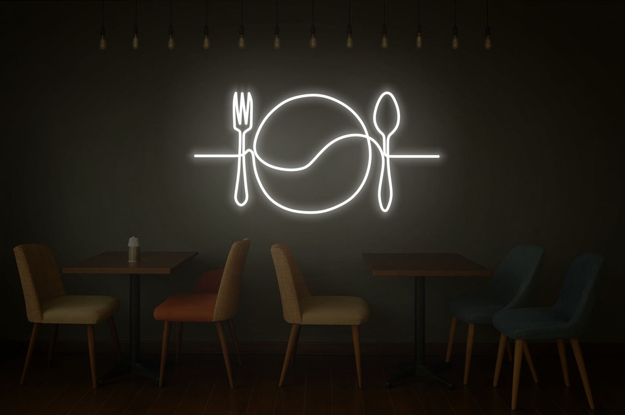 Fork Plate Spoon Neon Sign – One Line Art LED Wall Light for Kitchen, Dining & Café Décor