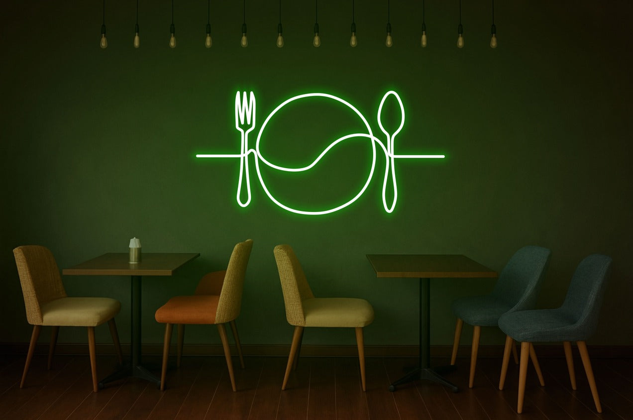 Fork Plate Spoon Neon Sign – One Line Art LED Wall Light for Kitchen, Dining & Café Décor