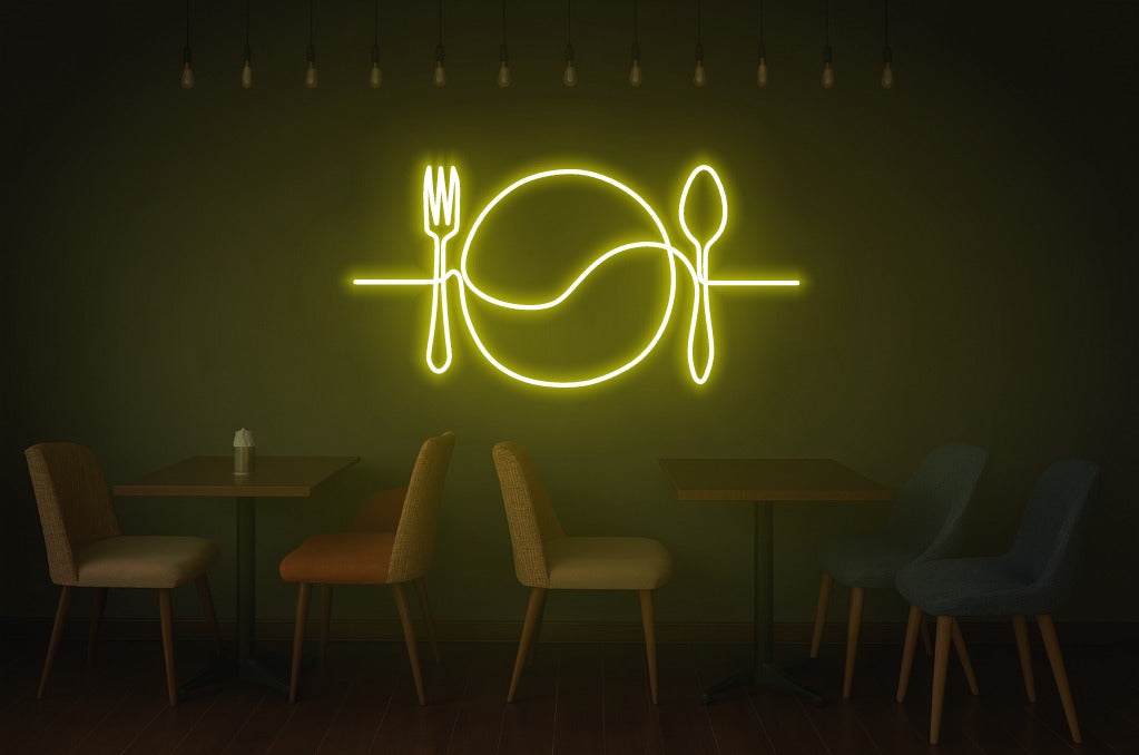 Fork Plate Spoon Neon Sign – One Line Art LED Wall Light for Kitchen, Dining & Café Décor
