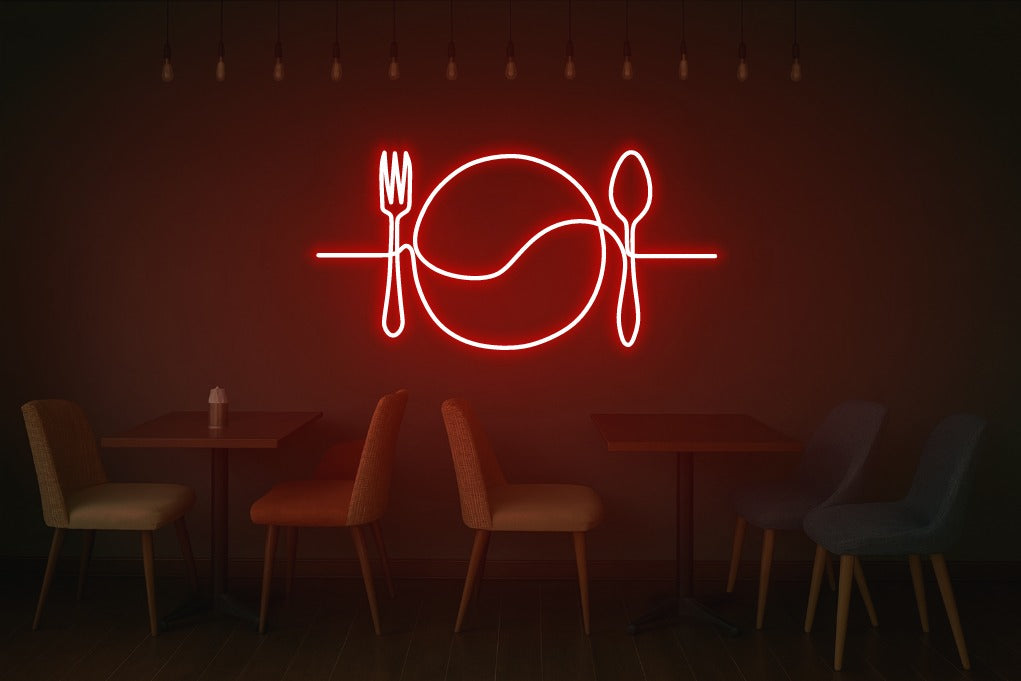 Fork Plate Spoon Neon Sign – One Line Art LED Wall Light for Kitchen, Dining & Café Décor