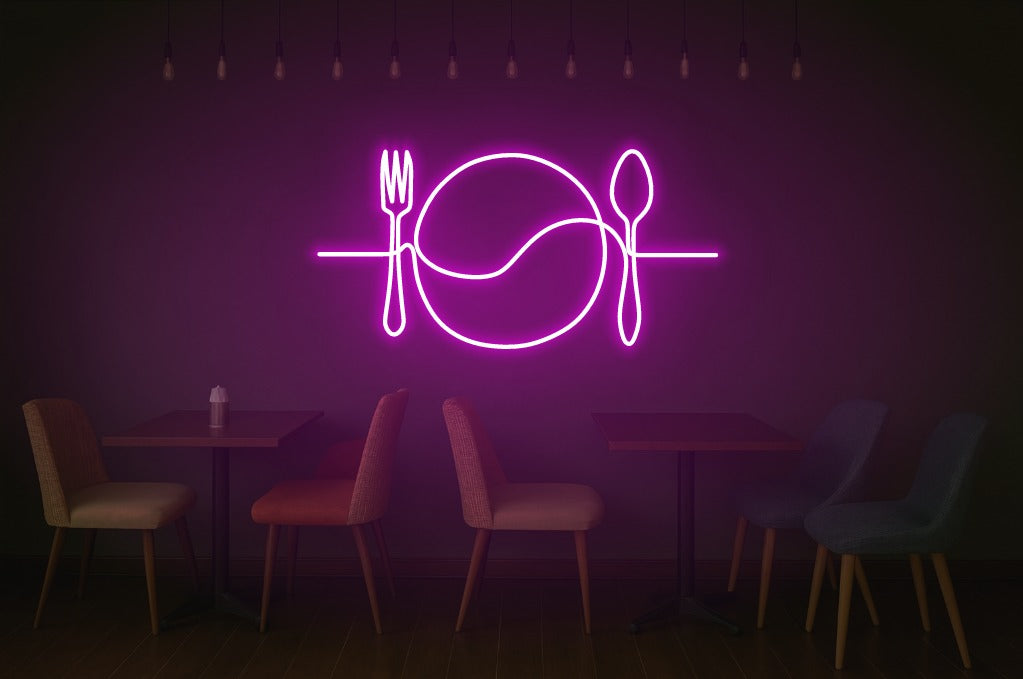 Fork Plate Spoon Neon Sign – One Line Art LED Wall Light for Kitchen, Dining & Café Décor