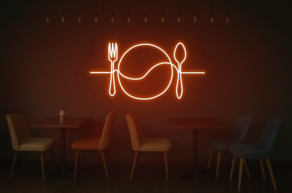 Fork Plate Spoon Neon Sign – One Line Art LED Wall Light for Kitchen, Dining & Café Décor