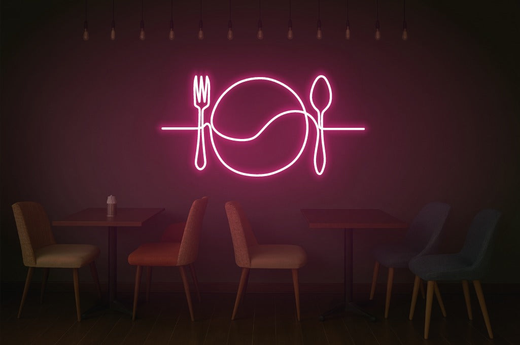 Fork Plate Spoon Neon Sign – One Line Art LED Wall Light for Kitchen, Dining & Café Décor