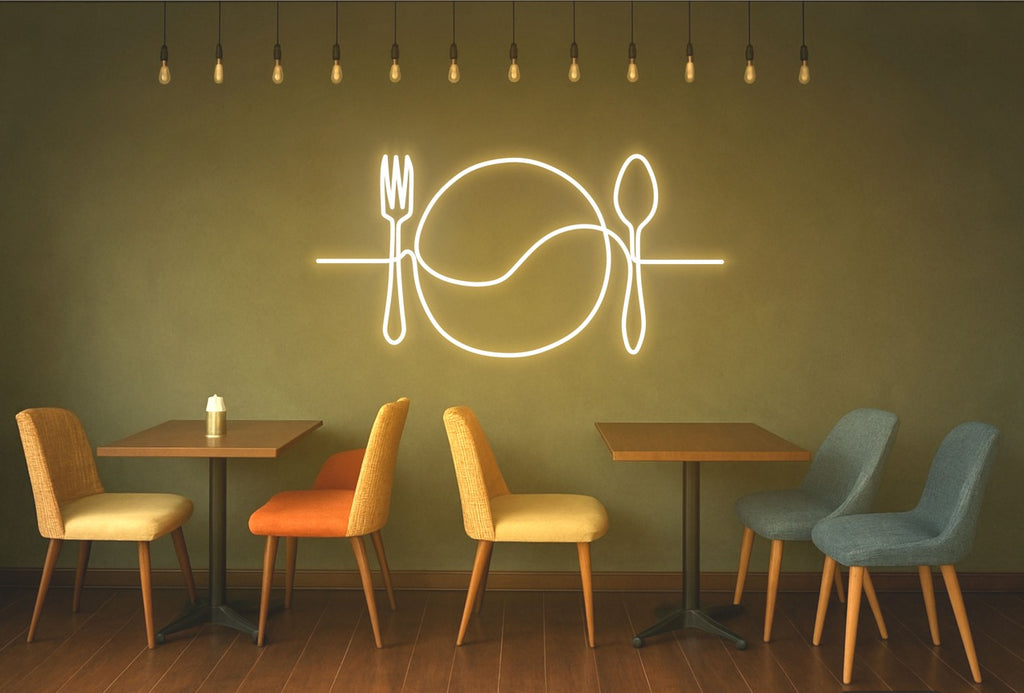 Fork Plate Spoon Neon Sign – One Line Art LED Wall Light for Kitchen, Dining & Café Décor