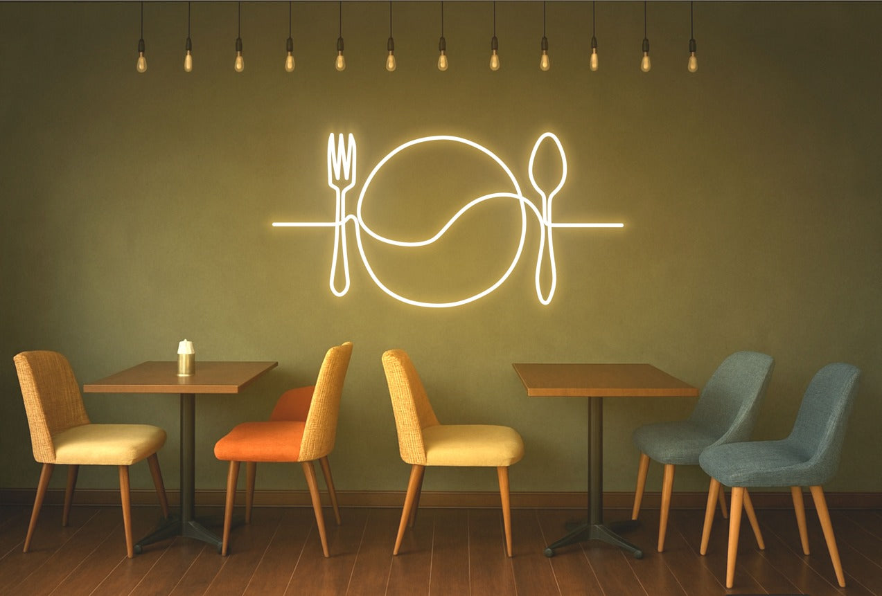 Fork Plate Spoon Neon Sign – One Line Art LED Wall Light for Kitchen, Dining & Café Décor