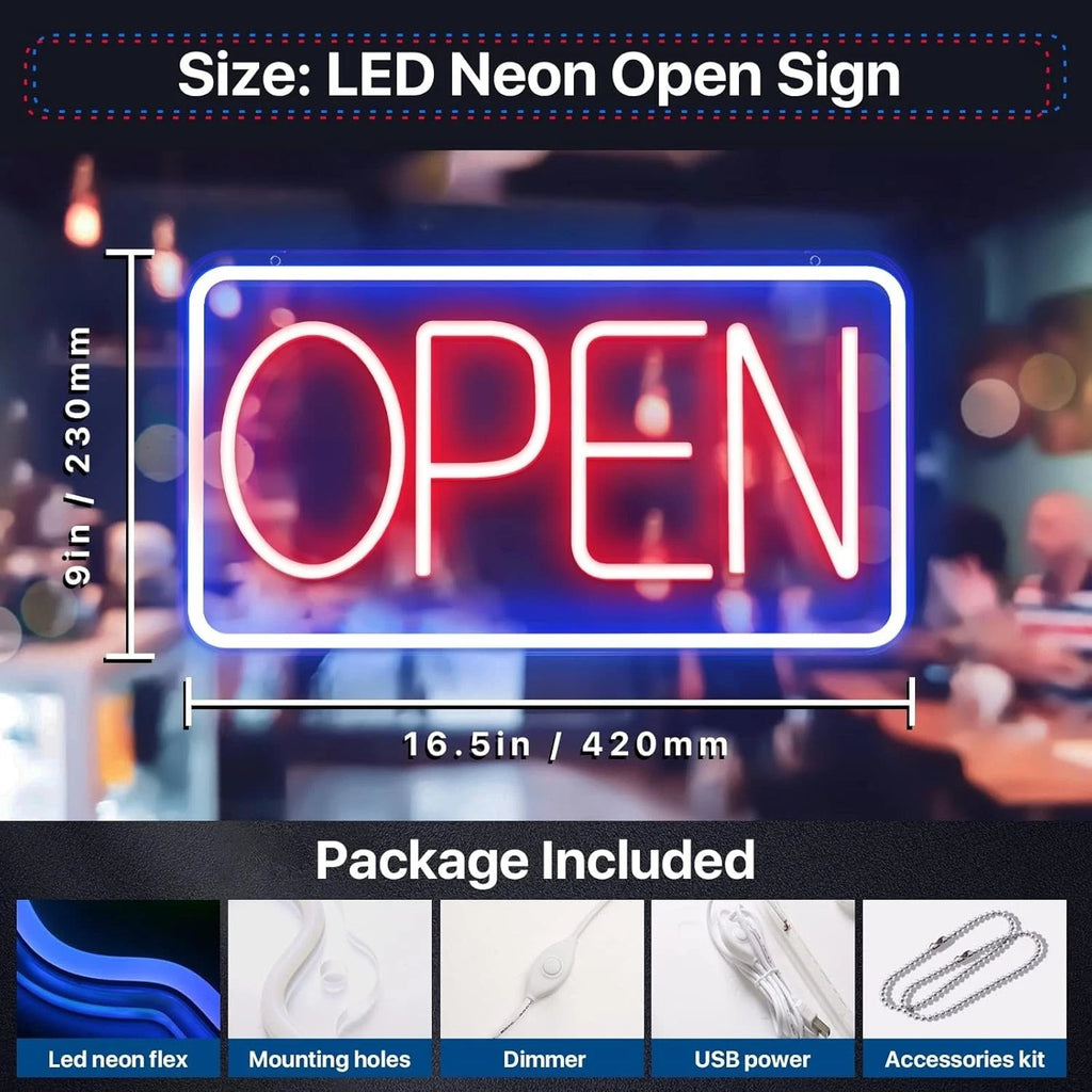 LED Open Neon Sign – 16.5"x9" Business Store Window Sign with USB & Switch