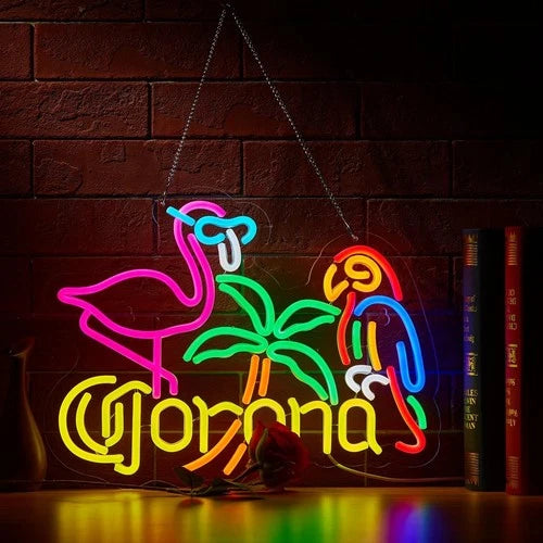 Corona Flamingo & Parrot Neon Sign – Dimmable Beer Bar Wall Light Decor